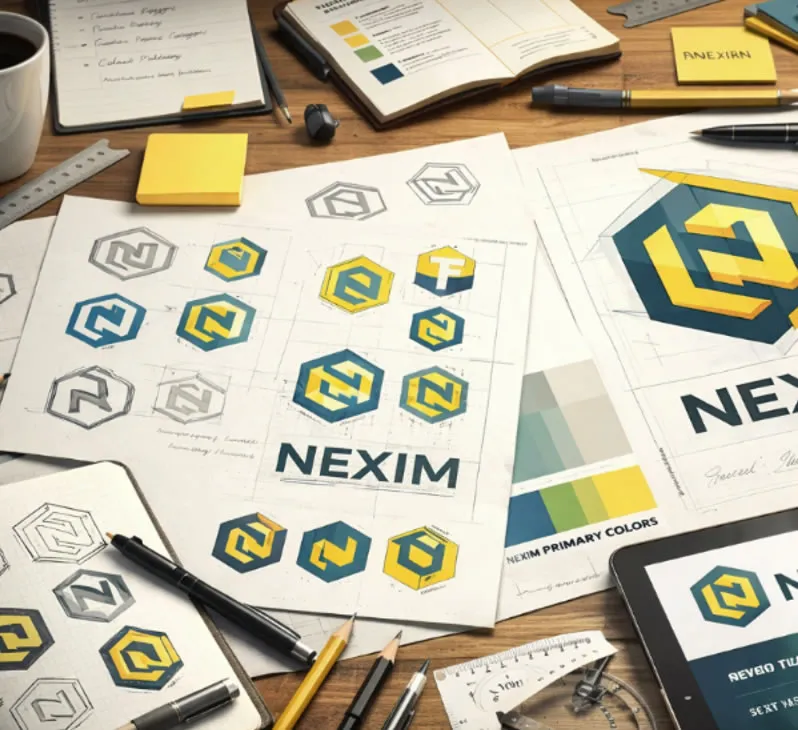 Design workspace with branding sketches and creative tools